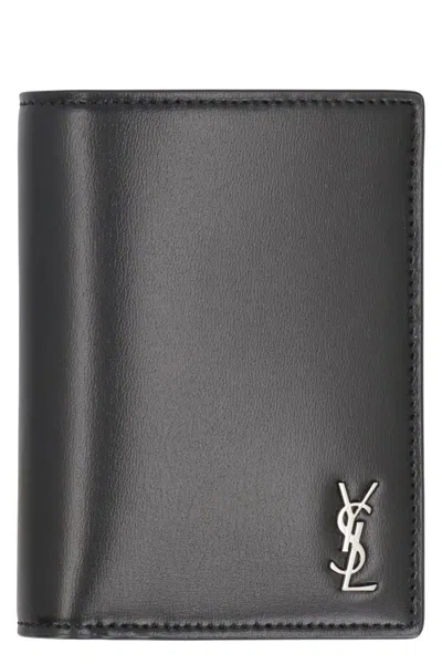 Saint Laurent Tiny Cassandre Leather Card Holder In Black