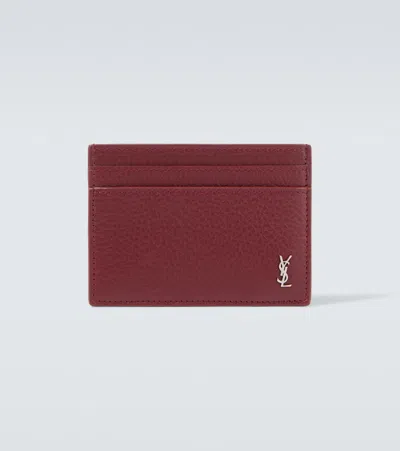 Saint Laurent Tiny Cassandre Leather Card Holder In Burgundy