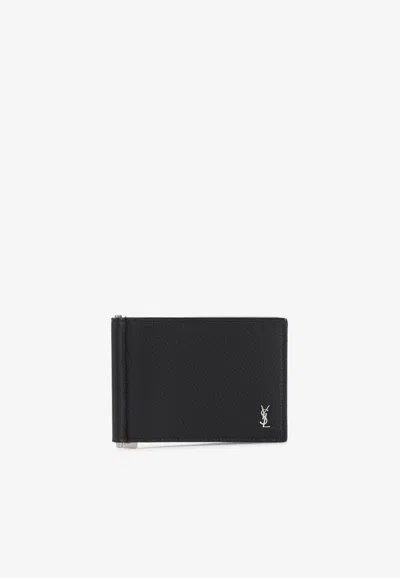 Saint Laurent Tiny Cassandre Leather Cardholder In Black