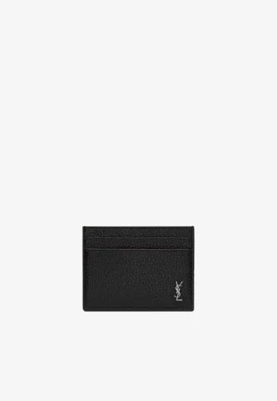 Saint Laurent Tiny Cassandre Leather Cardholder In Black