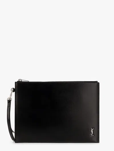 SAINT LAURENT LEATHER CLUTCH WITH MONOGRAM DETAIL