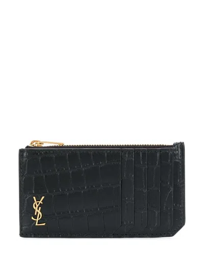 Saint Laurent Tiny Cassandre Logo Plaque Cardholder In Black