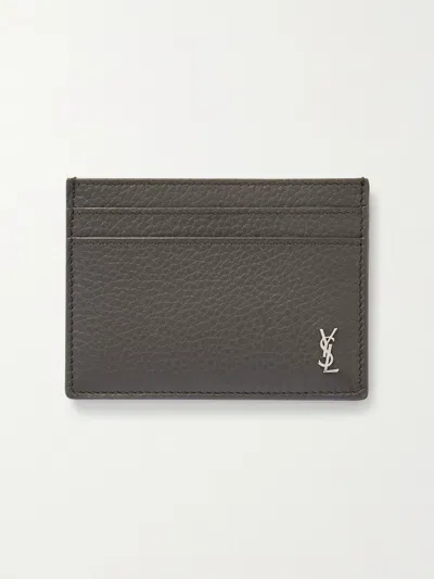 Saint Laurent Tiny Cassandre Logo-appliquéd Full-grain Leather Cardholder In Gray