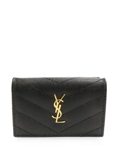 Pre-owned Saint Laurent Tiny Cassandre Matelassé Origami Wallet In Black