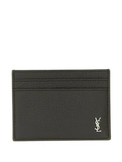Saint Laurent Tiny Cassandre Metal-logo Card Holder In Black