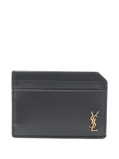Pre-owned Saint Laurent Tiny Cassandre Open Leather Card Case In Black
