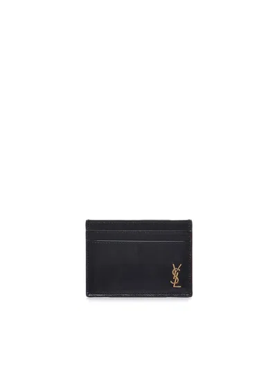 Saint Laurent Men's Tiny Cassandre Open Card Case In Shiny Leather In Black