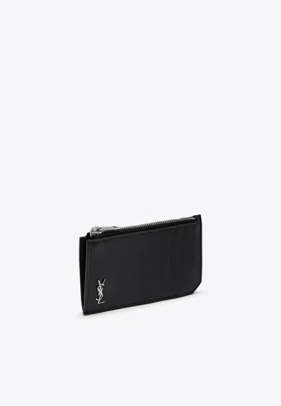 Saint Laurent Tiny Cassandre Zip Cardholder In Calf Leather In Black