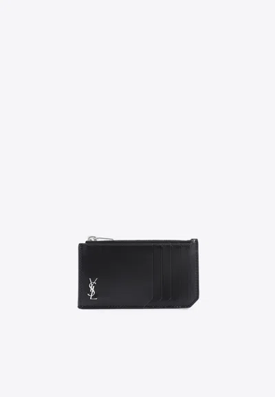 Saint Laurent Tiny Cassandre Zipped Cardholder In Black