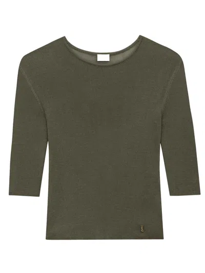 Saint Laurent Cassandre Semi-sheer Knitted Top Clothing In Green