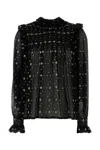Saint Laurent Embroidered Crepe Blouse With Ruffles And Smocked Yoke In Black