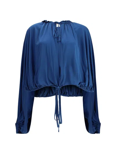 Saint Laurent Draped Puff-sleeve Blouse In Blue