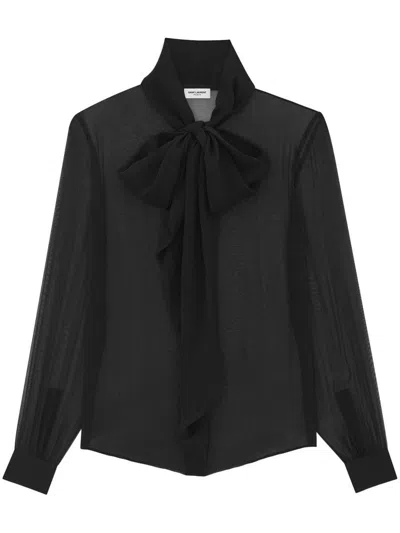 Saint Laurent Elegant Silk Shirt With Neck Bow In Black