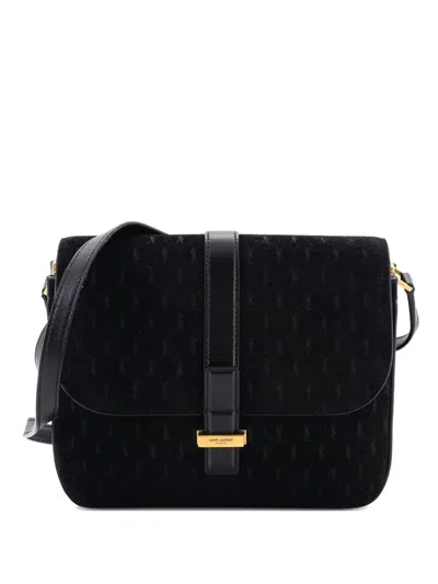 Pre-owned Saint Laurent Top Flap Satchel Monogram All Over Suede Small Crossbody Bag In Black