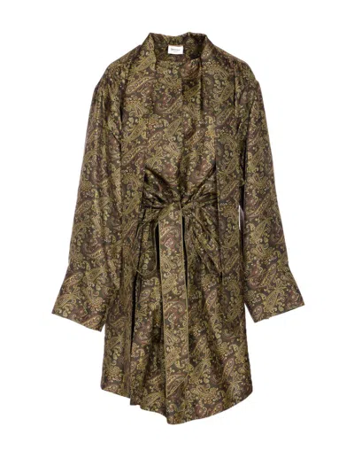 Saint Laurent Pussy-bow Belted Paisley-print Silk-twill Mini Dress In Green