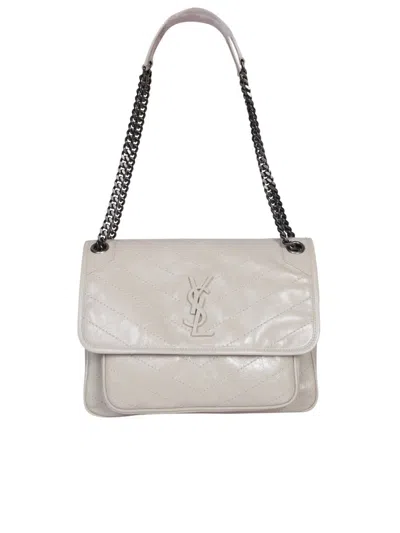 Saint Laurent Niki Medium Crinkled Glossed-leather Shoulder Bag In White