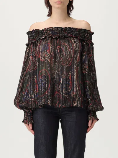 Saint Laurent Smocked Off-the-shoulder Blouse Ruffled Neckline In Brown