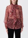 Saint Laurent Floral Silk Blouse With Scarf Collar And Concealed Button Closure In Red