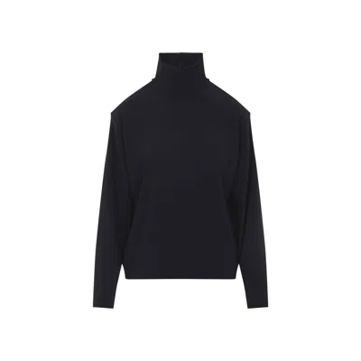 Saint Laurent Satin Top High Neck Long Sleeves In Black
