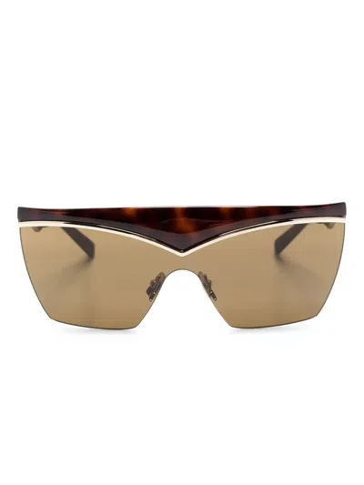 Saint Laurent Tortoiseshell Shield-frame Sunglasses In Brown