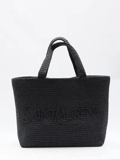 Saint Laurent Pink Woven Raffia Tote Handbag For Women Featuring Tonal Logo And Interior Flat Pocket In Black