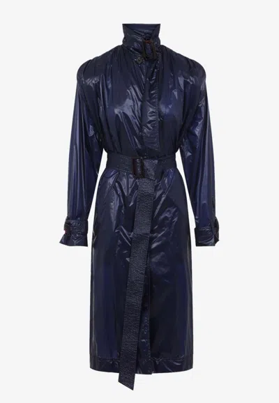 Saint Laurent Translucent Belted Trench Coat In Blue