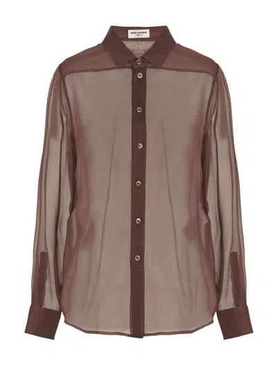 Saint Laurent Transparent Crêpe Shirt In Burgundy