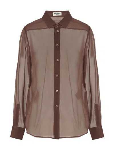 Saint Laurent Sheer Crêpe Shirt Pointed Collar In Burgundy