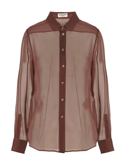 Saint Laurent Sheer Crêpe Shirt Pointed Collar In Burgundy