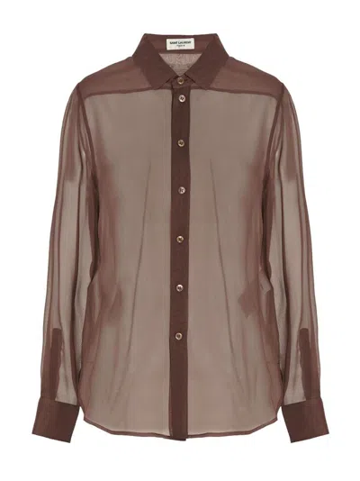 Saint Laurent Sheer Crêpe Shirt Pointed Collar In Burgundy