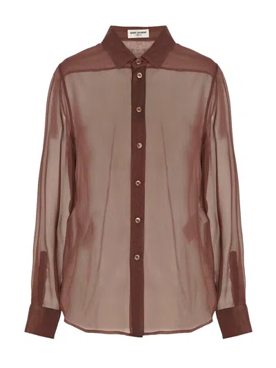 Saint Laurent Sheer Crêpe Shirt Pointed Collar In Burgundy