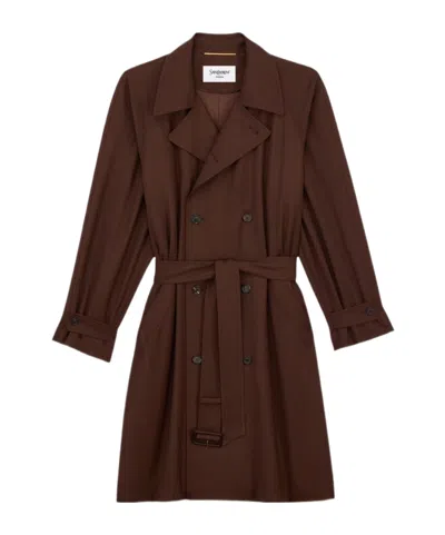 Saint Laurent Trench Coat In Wool Gabardine In Ebene Clair