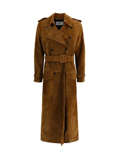 Saint Laurent Suede Trench Coat In Brown