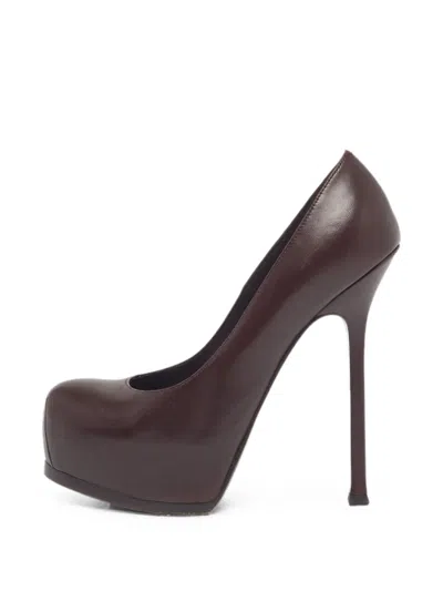 Pre-owned Saint Laurent Tribtoo Leather Platform Pumps In Brown