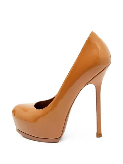 Pre-owned Saint Laurent Tribtoo Leather Platform Pumps In Neutral