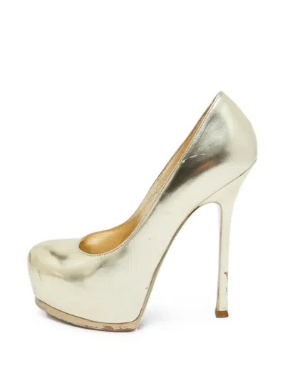 Pre-owned Saint Laurent Tribtoo Platform Pumps In Gold