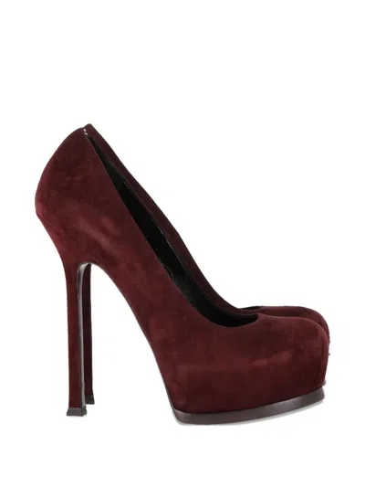 Pre-owned Saint Laurent Tribtoo Platform Suede Pumps In Red