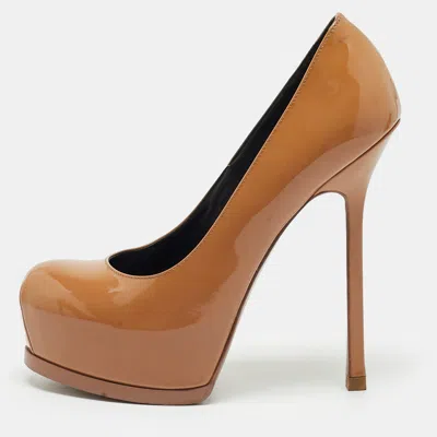 Pre-owned Saint Laurent Tribtoo Size 36 Camel Brown Patent Leather Platform Pumps