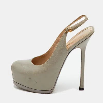 Pre-owned Saint Laurent Tribtoo Size 36 Grey Leather Slingback Platform Pumps In Gray
