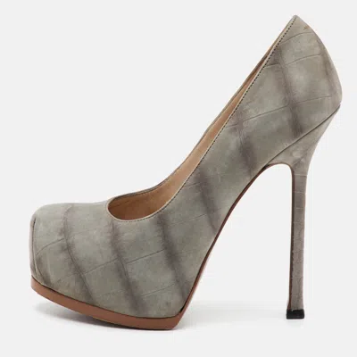 Pre-owned Saint Laurent Tribtoo Size 36 Grey Nubuck Leather Platform Pumps