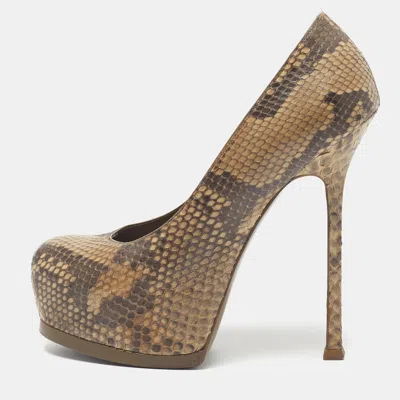 Pre-owned Saint Laurent Tribtoo Size 37 Beige/brown Python Leather Platform Pumps In Sand