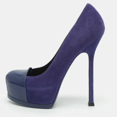 Pre-owned Saint Laurent Tribtoo Size 37 Blue Patent Leather And Suede Platform Pumps