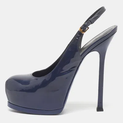 Pre-owned Saint Laurent Tribtoo Size 37 Blue Patent Leather Platform Pumps