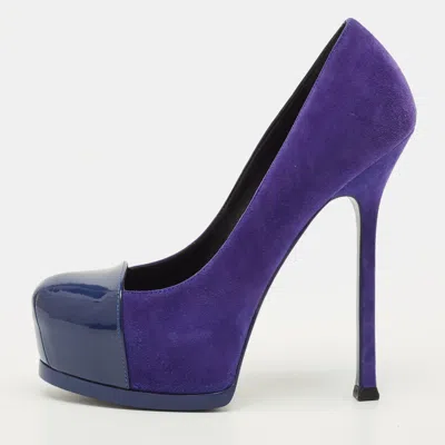 Pre-owned Saint Laurent Tribtoo Size 37 Blue Suede Platform Pumps