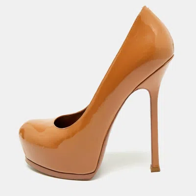 Pre-owned Saint Laurent Tribtoo Size 37 Camel Brown Patent Leather Platform Pumps