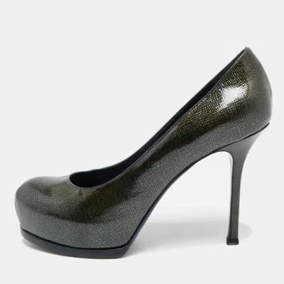 Pre-owned Saint Laurent Tribtoo Size 37 Dark Green Patent Leather Platform Pumps
