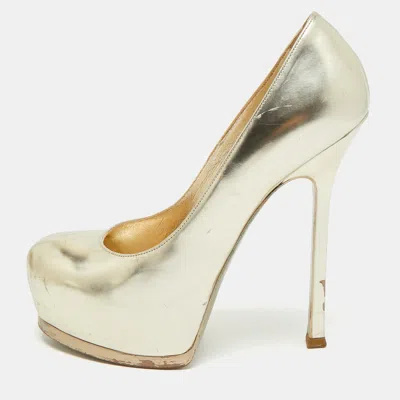 Pre-owned Saint Laurent Tribtoo Size 37 Metallic Gold Leather Platform Pumps