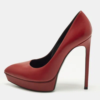 Pre-owned Saint Laurent Tribtoo Size 37 Red Leather Platform Pumps