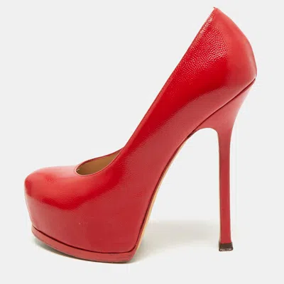 Pre-owned Saint Laurent Tribtoo Size 37 Red Patent Leather Platform Pumps