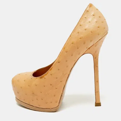 Pre-owned Saint Laurent Tribtoo Size 37 Tan Ostrich Leather Platform Pumps In Brown
